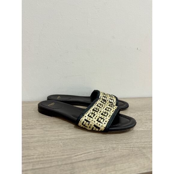 Fendi Raffia FF Logo Slip On Flat Slide Sandals Natural Black Women's Size 38 - Picture 5 of 8